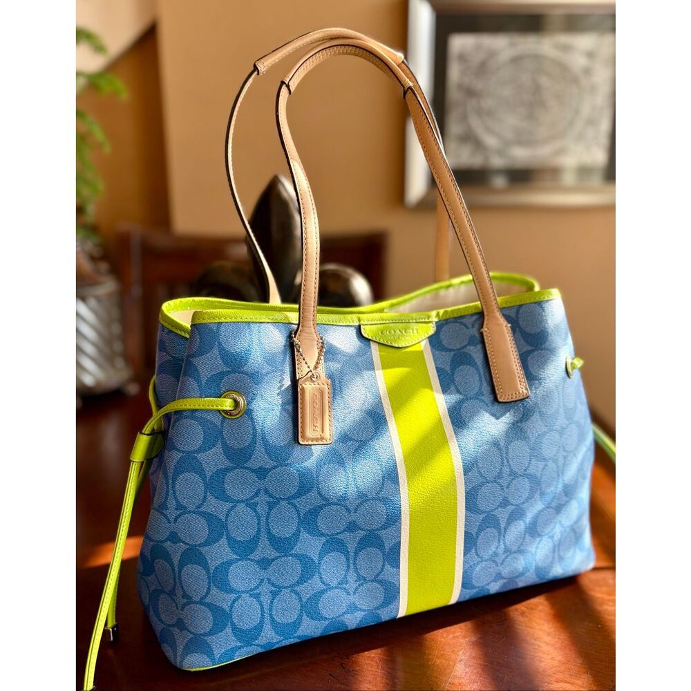 COACH  - Signature Stripe Drawstring Carryall Bag in Blue w/Lime Green Trim - Picture 4 of 14
